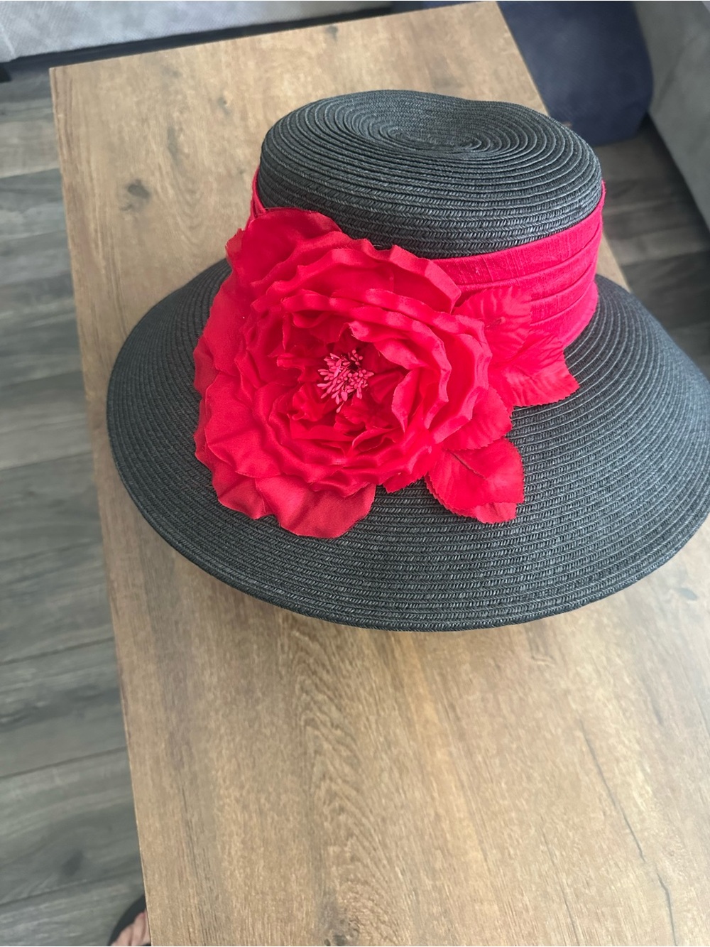 Wide-Brim Black Women's Hat with Red Floral Accent
